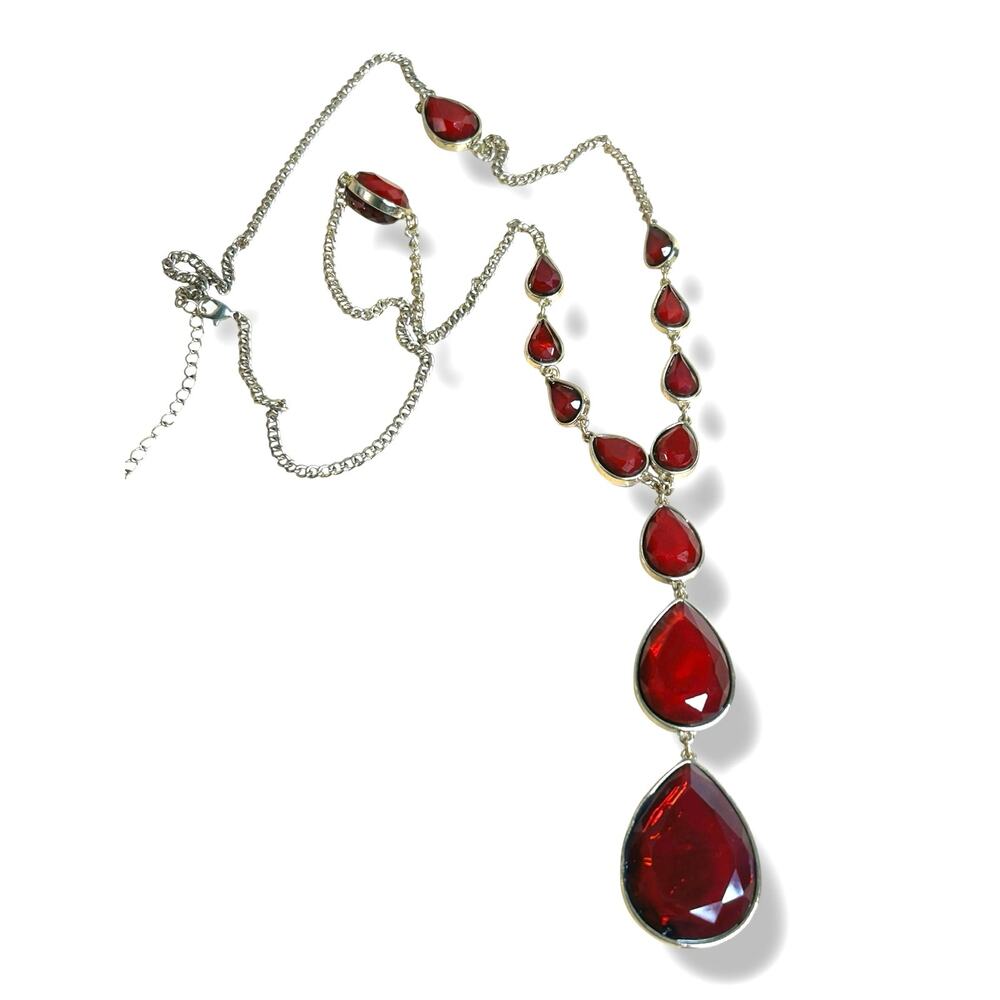 Gold Tone Deep Red Garnet Tone Teardrop
Cascading Y Drop Necklace Goth Dramatic